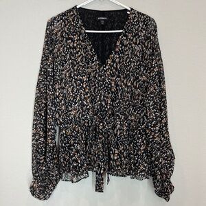 Express Top Women's L Black Gold Metallic Print Balloon Sleeve V Neck Lined Tie
